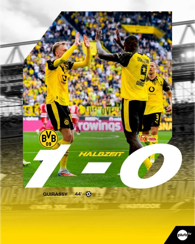 Noch etwas wacklig in den Anfangsminuten, doch danach übernimmt Schwarz-Gelb zunehmend die Kontrolle: Zur Halbzeitpause führt Borussia Dortmund mit 1:0 gegen Union Berlin. Verantwortlich dafür ist Guirassy, der mit seinem zweiten Saisontreffer die Weichen stellt. Die Fans hoffen nun, dass der BVB nach der Pause konsequent nachlegt und den wichtigen Bundesliga-Sieg endgültig sichert.