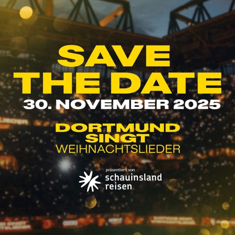 Dortmund singt Weihnachtslieder 2025“ steht fest! Das große BVB-Weihnachtssingen, präsentiert von schauinsland-reisen, kehrt zurück: Am 30. November 2025 erfüllt das Stadion erneut den Dortmunder Nachthimmel mit festlichen Klängen, tausenden Stimmen und echter Gänsehautstimmung – ein musikalischer Auftakt in die Adventszeit, den kein Fan verpassen sollte.
